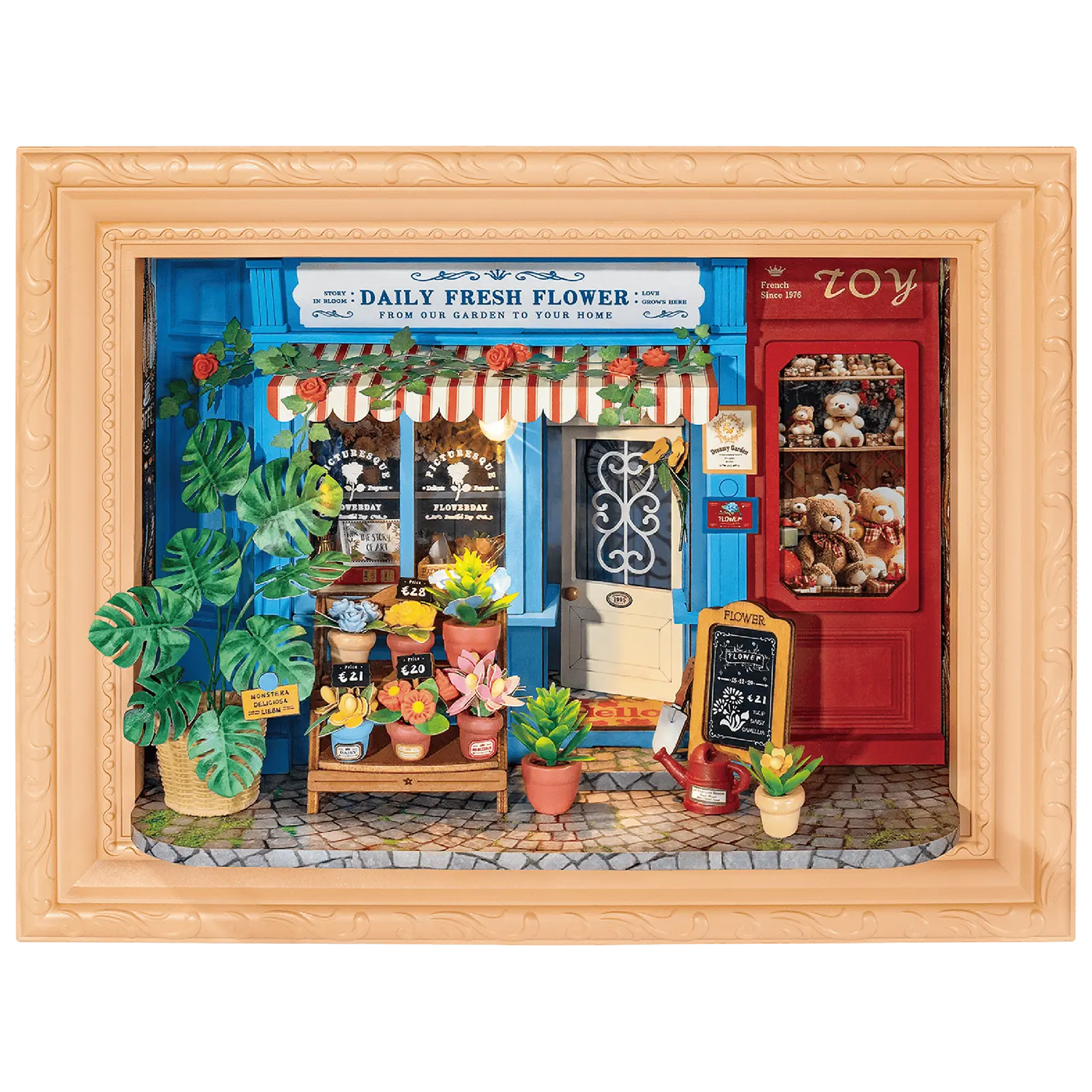 Productfoto van de Robotime Daily Fresh Flower, diorama in een lijst van een ouderwets winkeltje met bloemen en planten