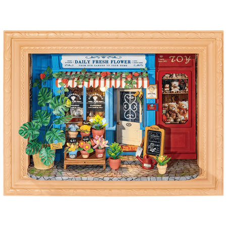 Productfoto van de Robotime Daily Fresh Flower, diorama in een lijst van een ouderwets winkeltje met bloemen en planten