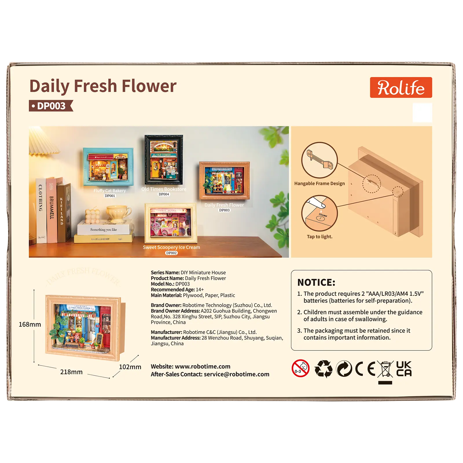 Achterkant verpakking van de Robotime Daily Fresh Flower, diorama in een lijst van een ouderwets winkeltje met bloemen en planten