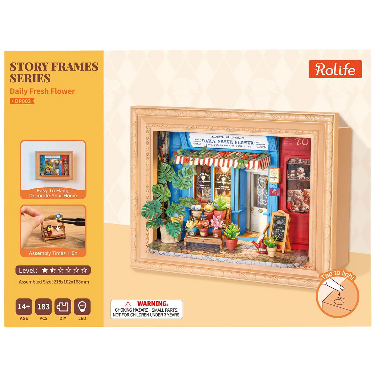 Voorkant verpakking van de Robotime Daily Fresh Flower, diorama in een lijst van een ouderwets winkeltje met bloemen en planten