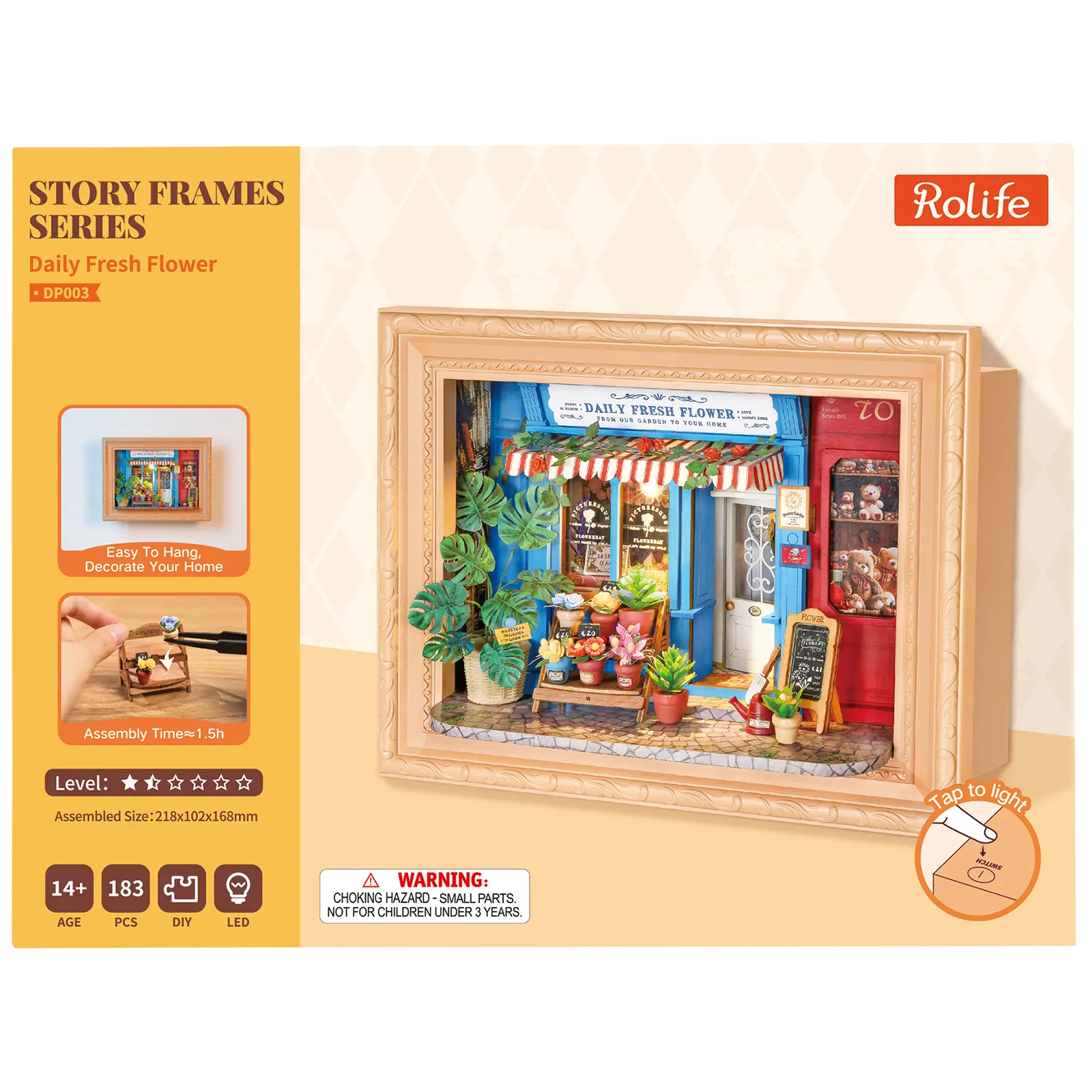 Voorkant verpakking van de Robotime Daily Fresh Flower, diorama in een lijst van een ouderwets winkeltje met bloemen en planten