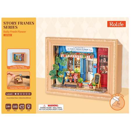 Voorkant verpakking van de Robotime Daily Fresh Flower, diorama in een lijst van een ouderwets winkeltje met bloemen en planten