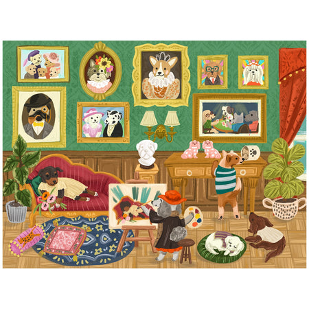Productfoto van de Robotime Doggie Art Gallery, 1.000 stukjes puzzel van een schilderij met honden in een kamer met kunst