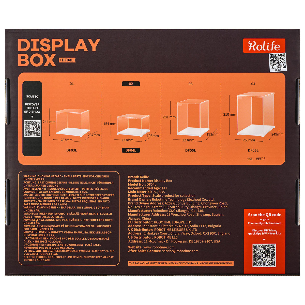 Achterkant verpakking van de Robotime 
Dust Cover Landscape S, kunststof bouwpakket voor een display case van 205mm lang, 177mm breed en 137mm hoog (binnenmaten)
