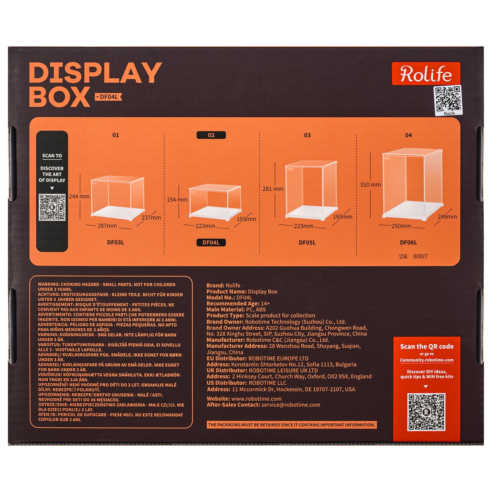 Achterkant verpakking van de Robotime 
Dust Cover Landscape S, kunststof bouwpakket voor een display case van 205mm lang, 177mm breed en 137mm hoog (binnenmaten)
