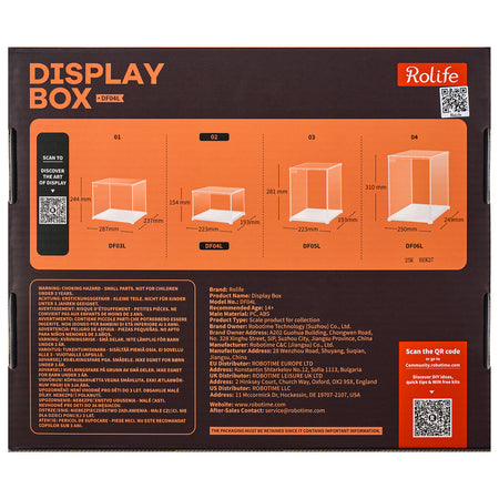 Achterkant verpakking van de Robotime 
Dust Cover Landscape S, kunststof bouwpakket voor een display case van 205mm lang, 177mm breed en 137mm hoog (binnenmaten)