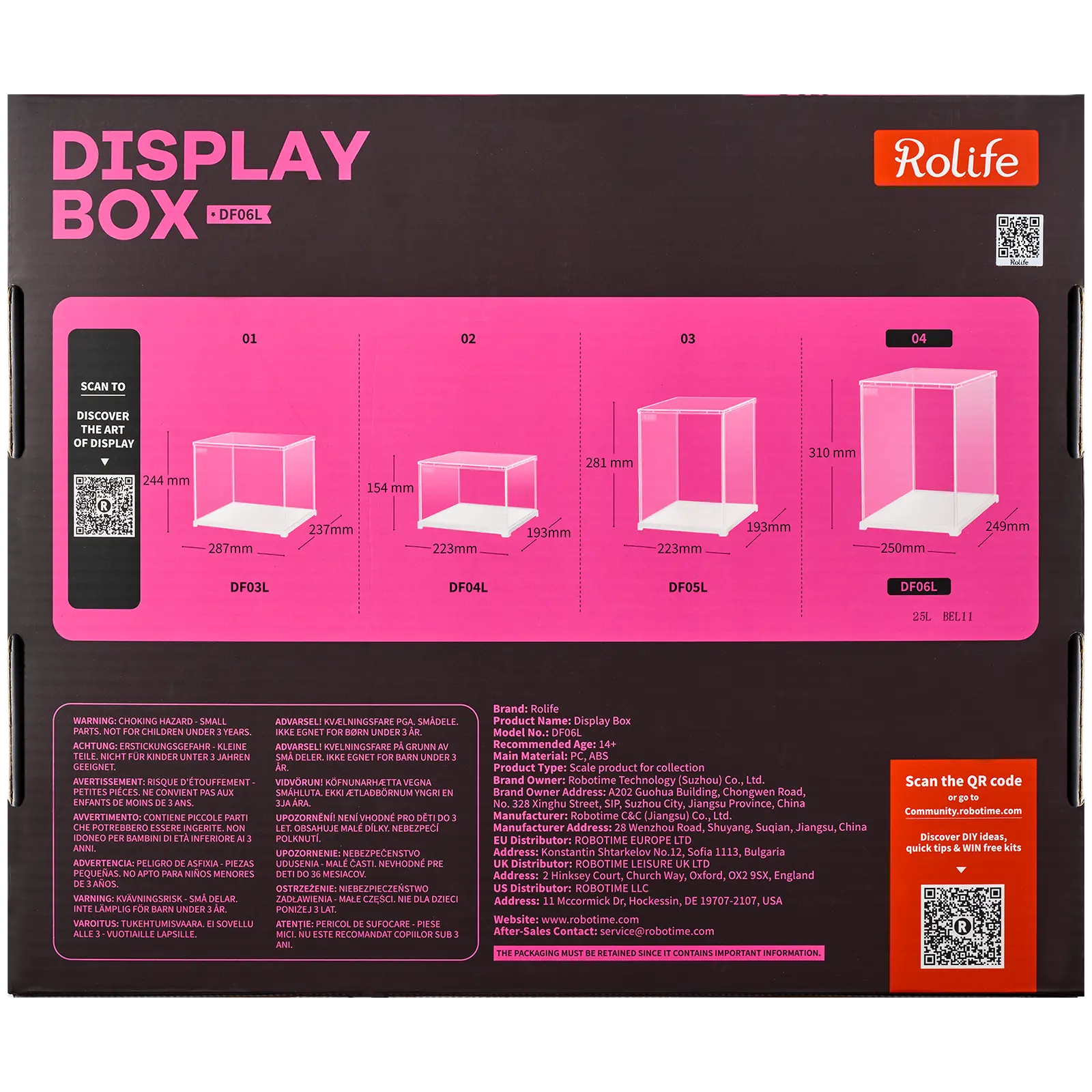 Achterkant verpakking van de Robotime Dust Cover Portrait L, kunststof bouwpakket voor een display case van 250mm lang, 249mm breed en 310mm hoog