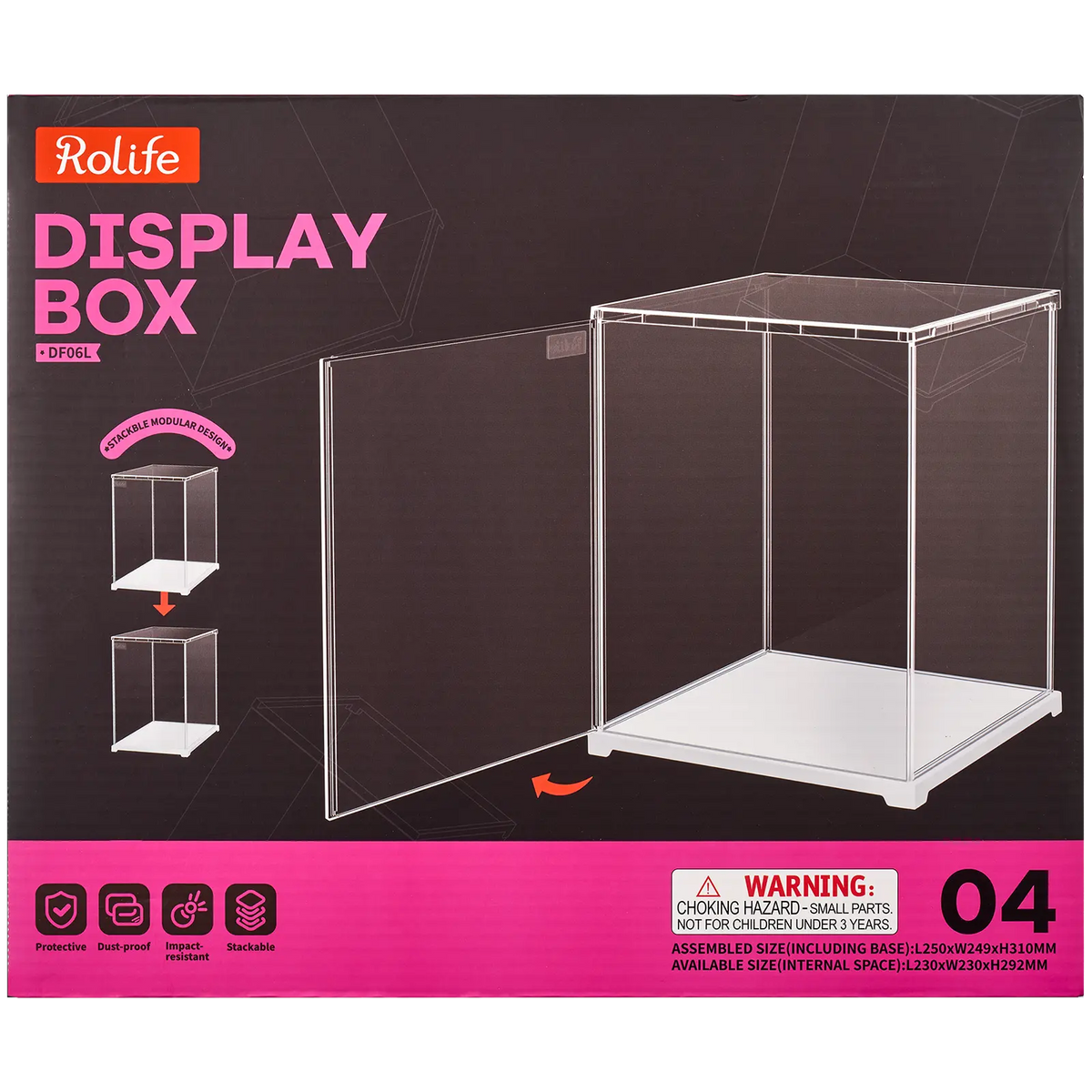 Voorkant verpakking van de Robotime Dust Cover Portrait L, kunststof bouwpakket voor een display case van 250mm lang, 249mm breed en 310mm hoog