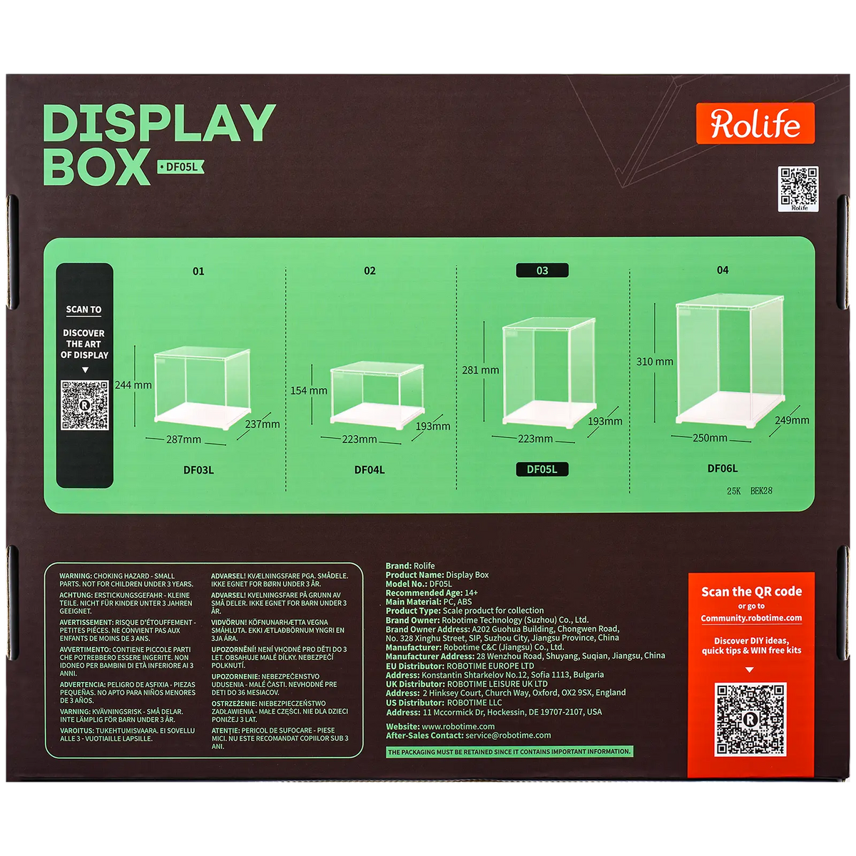 Achterkant verpakking van de Robotime Dust Cover Portrait M, kunststof bouwpakket voor een display case van 205mm lang, 177mm breed en 264mm hoog (binnenmaten)
