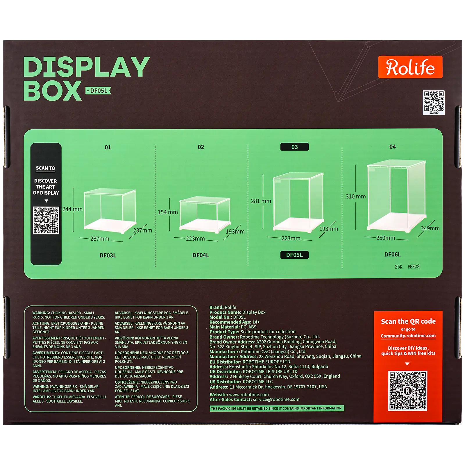 Achterkant verpakking van de Robotime Dust Cover Portrait M, kunststof bouwpakket voor een display case van 205mm lang, 177mm breed en 264mm hoog (binnenmaten)