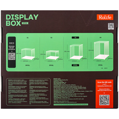 Achterkant verpakking van de Robotime Dust Cover Portrait M, kunststof bouwpakket voor een display case van 205mm lang, 177mm breed en 264mm hoog (binnenmaten)