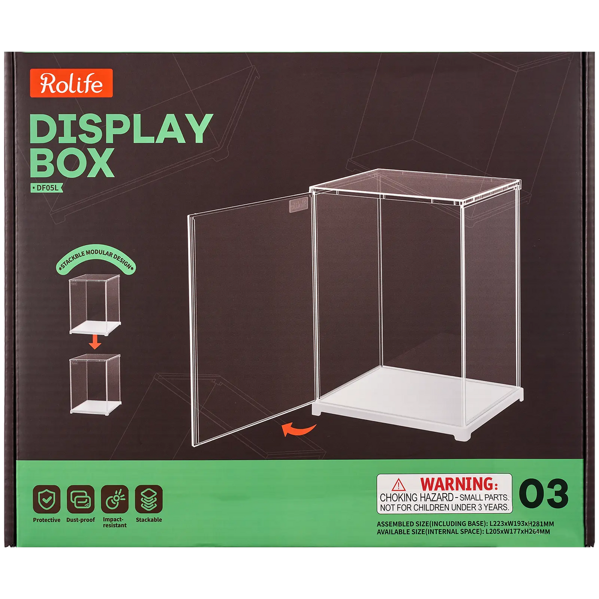 Voorkant verpakking van de Robotime Dust Cover Portrait M, kunststof bouwpakket voor een display case van 205mm lang, 177mm breed en 264mm hoog (binnenmaten)