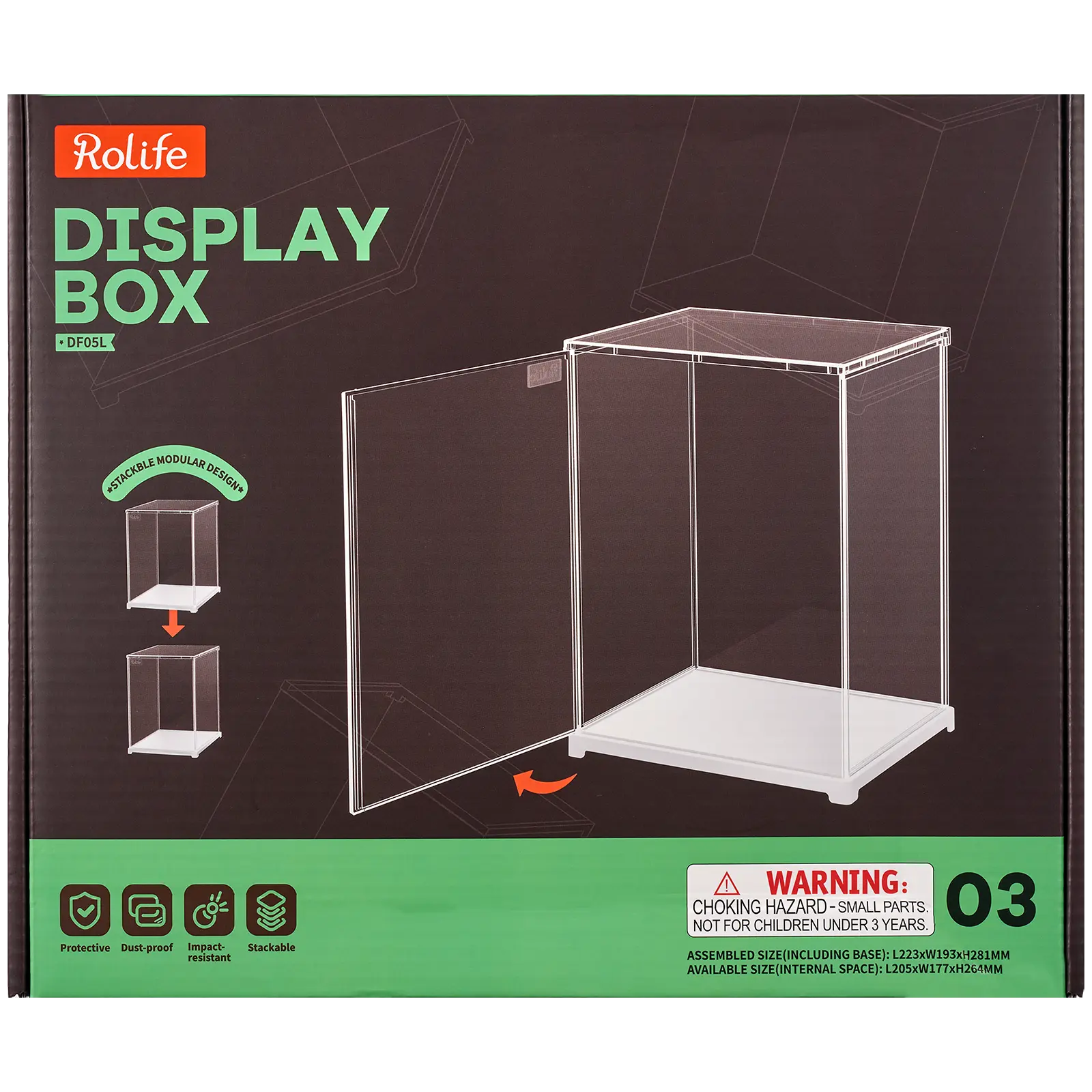 Voorkant verpakking van de Robotime Dust Cover Portrait M, kunststof bouwpakket voor een display case van 205mm lang, 177mm breed en 264mm hoog (binnenmaten)