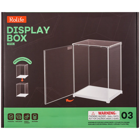 Voorkant verpakking van de Robotime Dust Cover Portrait M, kunststof bouwpakket voor een display case van 205mm lang, 177mm breed en 264mm hoog (binnenmaten)