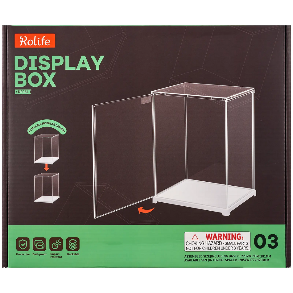 Voorkant verpakking van de Robotime Dust Cover Portrait M, kunststof bouwpakket voor een display case van 223mm lang, 193mm breed en 281mm hoog