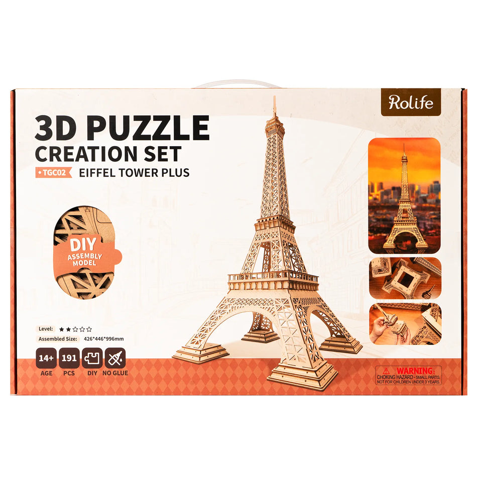 Voorkant verpakking van de Robotime Eiffel Tower Plus, houten modelbouw van een grote Eiffeltoren