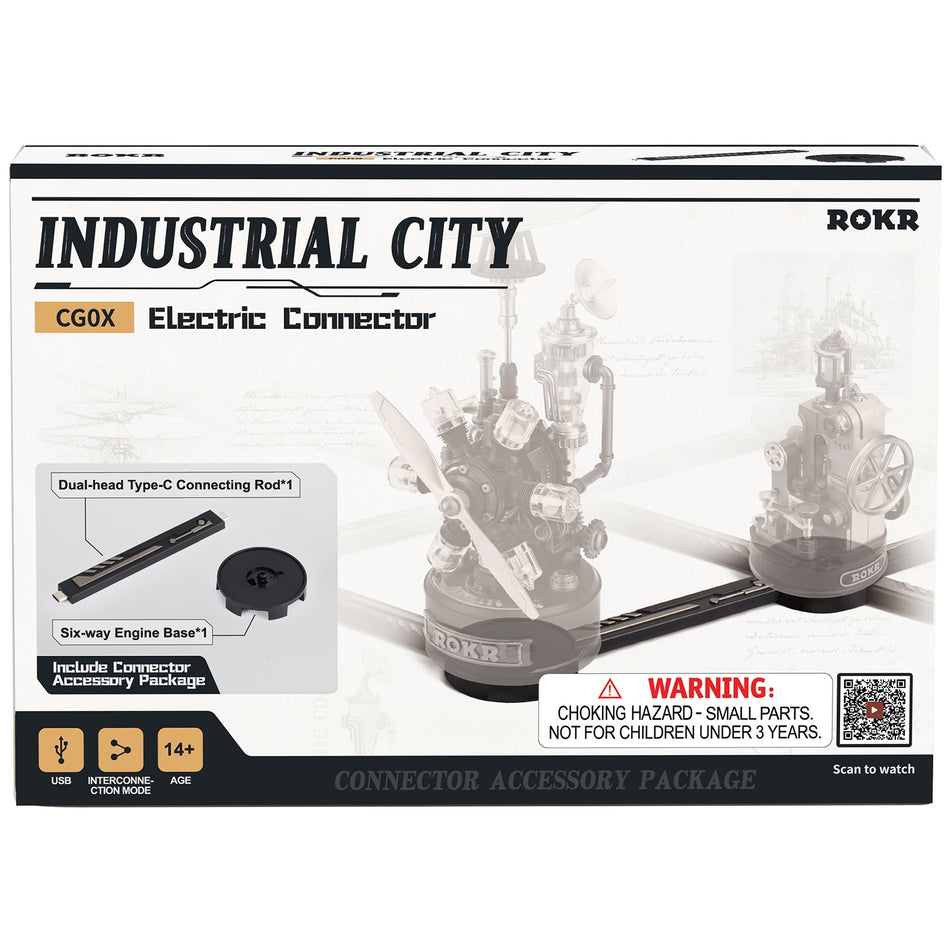 Voorkant verpakking van de Robotime Electric Connector, usb-verbindingsstuk om producten van de Robotime Industrial City serie aan elkaar te linken