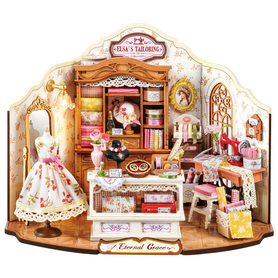 Productfoto van de Robotime Elsa’s Tailoring, DIY miniatuurhuisje van een schattig naaiatelier