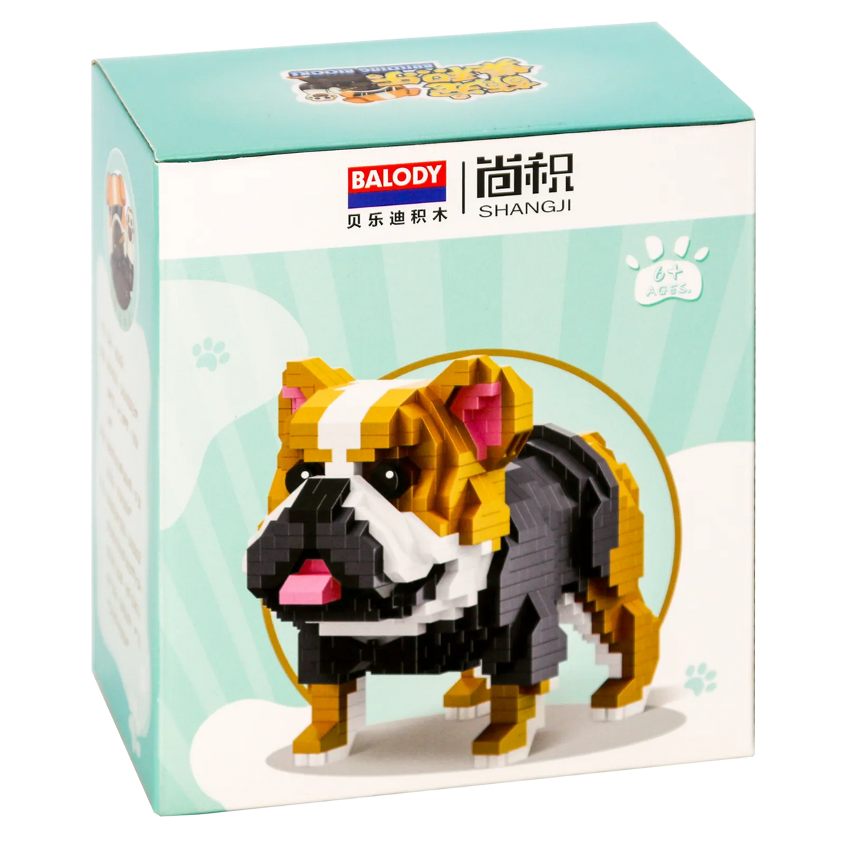 Achterkant verpakking van de Balody miniblocks engelse bulldog in deftig kostuum