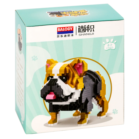 Achterkant verpakking van de Balody miniblocks engelse bulldog in deftig kostuum