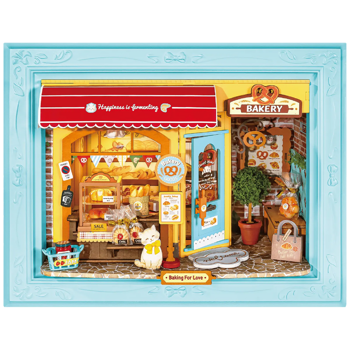 Productfoto van de Robotime Fluffy Cat Bakery, diorama in een lijst van een bakkerijtje met een kat