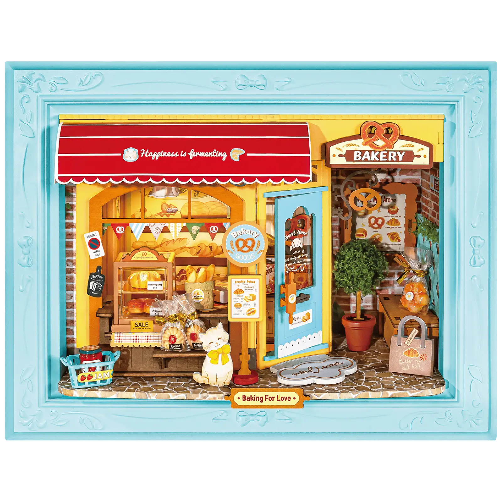 Productfoto van de Robotime Fluffy Cat Bakery, diorama in een lijst van een bakkerijtje met een kat