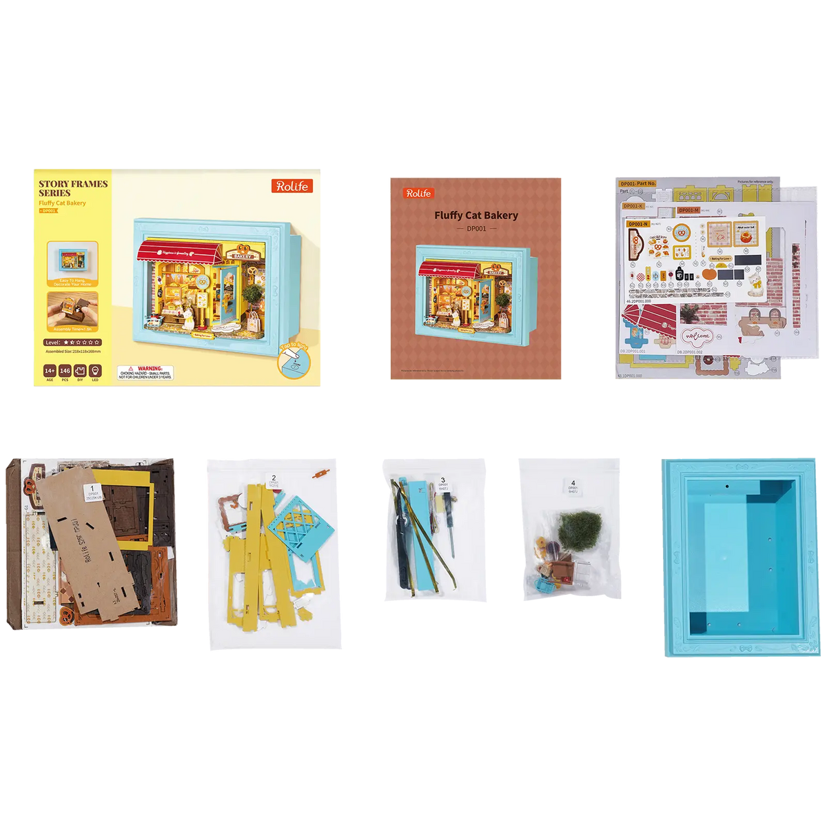 Verpakkingsinhoud van de Robotime Fluffy Cat Bakery, diorama in een lijst van een bakkerijtje met een kat