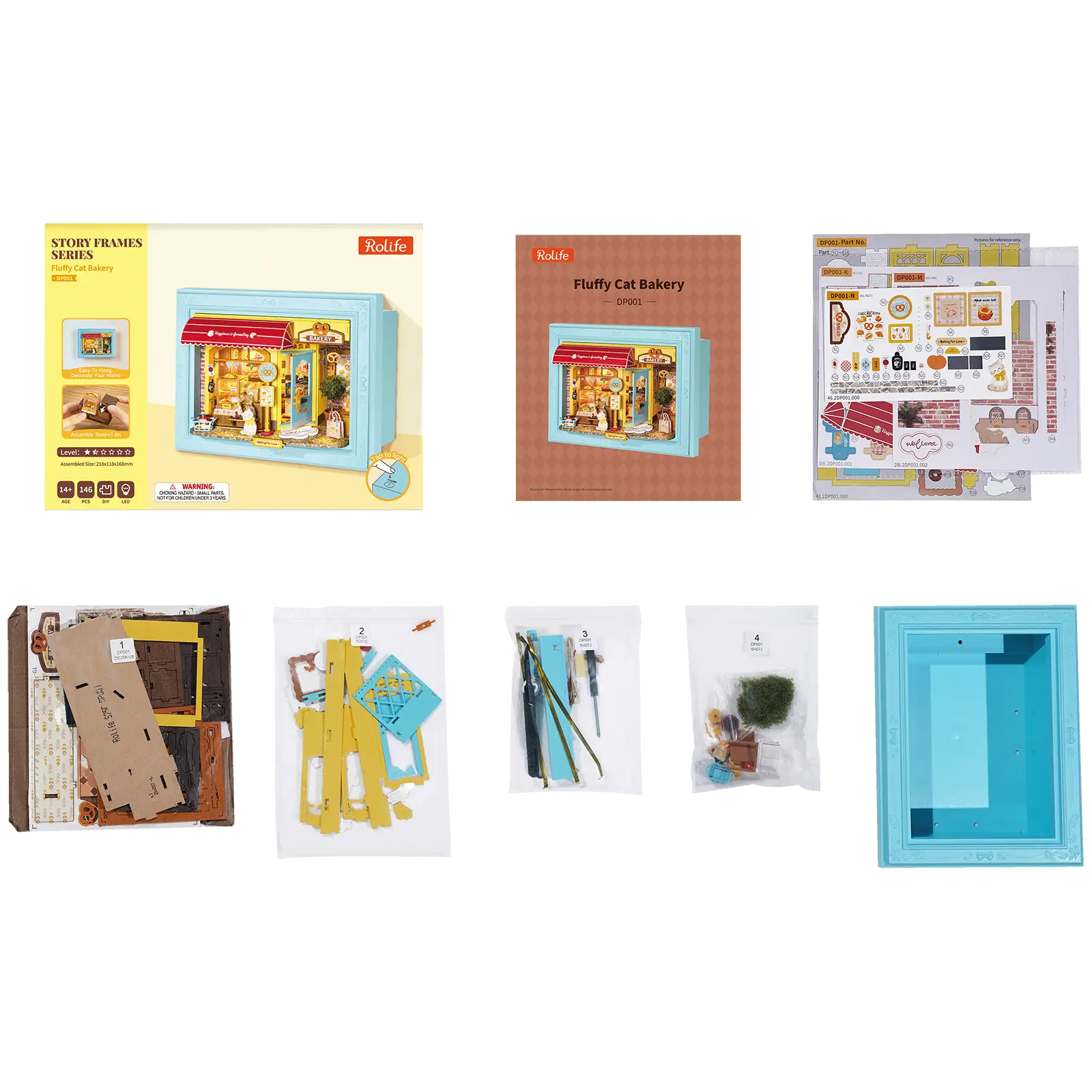 Verpakkingsinhoud van de Robotime Fluffy Cat Bakery, diorama in een lijst van een bakkerijtje met een kat