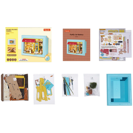 Verpakkingsinhoud van de Robotime Fluffy Cat Bakery, diorama in een lijst van een bakkerijtje met een kat