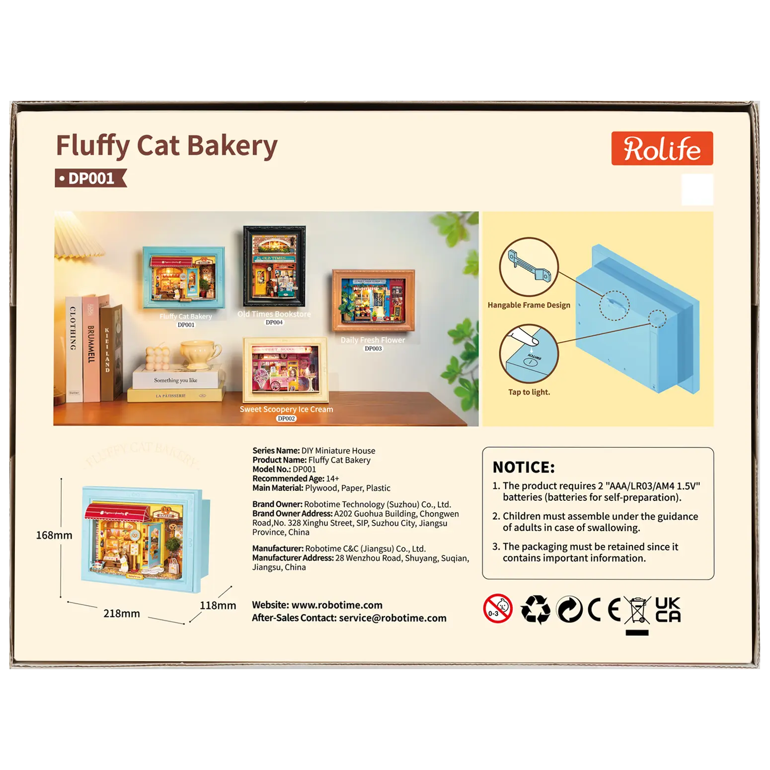 Achterkant verpakking van de Robotime Fluffy Cat Bakery, diorama in een lijst van een bakkerijtje met een kat