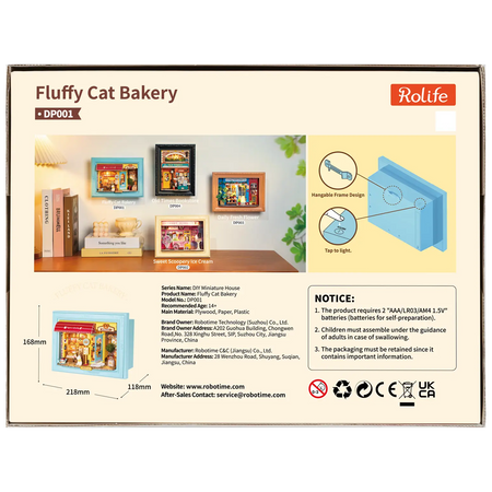 Achterkant verpakking van de Robotime Fluffy Cat Bakery, diorama in een lijst van een bakkerijtje met een kat