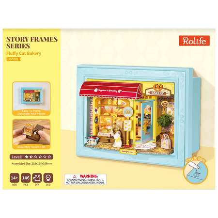 Voorkant verpakking van de Robotime Fluffy Cat Bakery, diorama in een lijst van een bakkerijtje met een kat