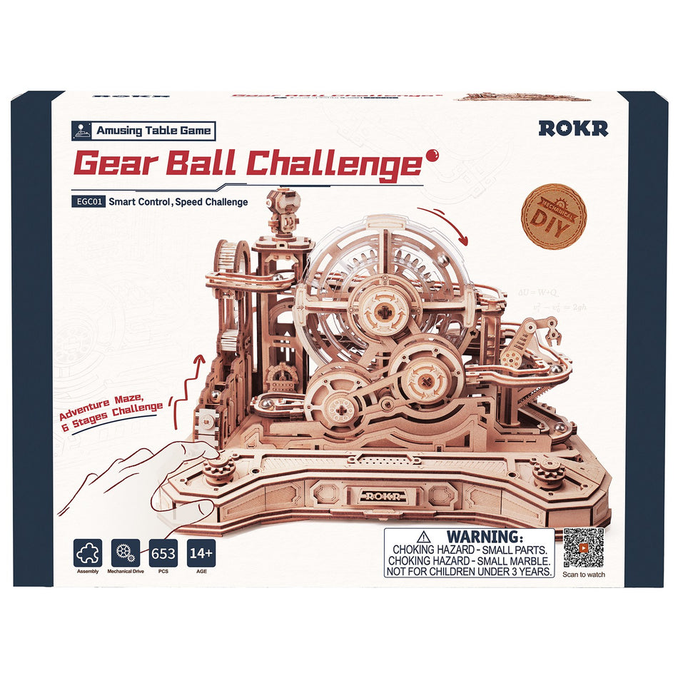 Voorkant verpakking van de Robotime Gear Ball Challenge, houten bouwpakket van een behendigheidsspel met knikkers