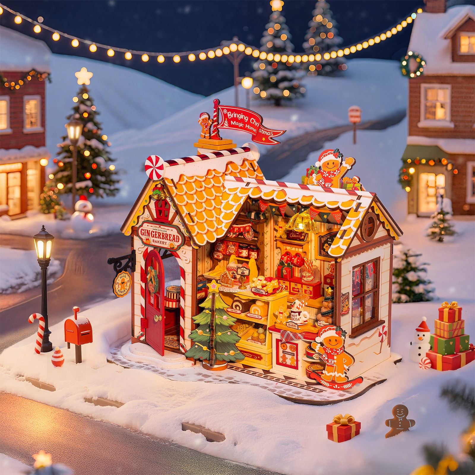 Sfeervolle presentatie van de Robotime Gingerbread House, miniatuurhuisje van een peperkoeken huisje in kerstsfeer