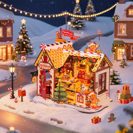 Sfeervolle presentatie van de Robotime Gingerbread House, miniatuurhuisje van een peperkoeken huisje in kerstsfeer