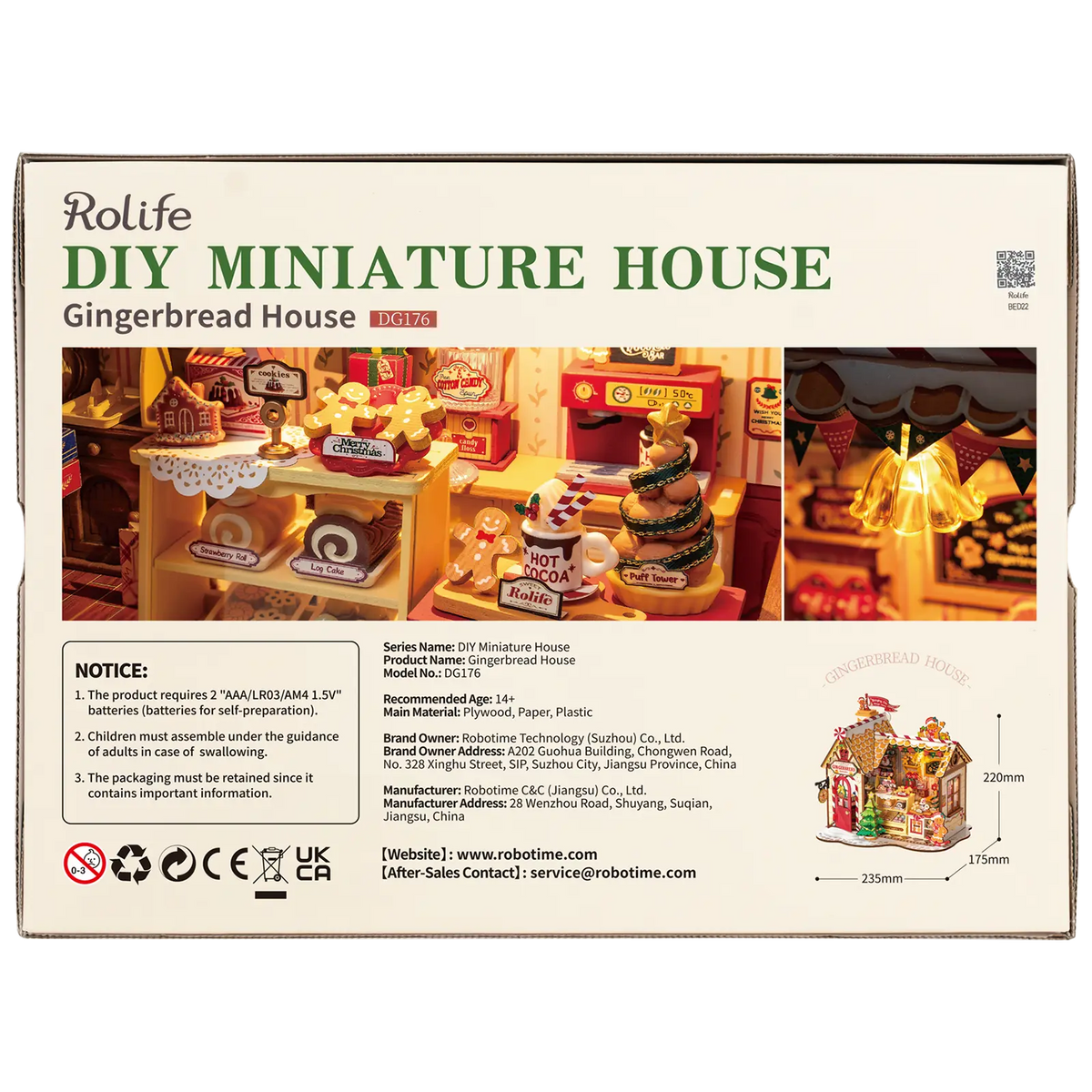 Achterkant verpakking van de Robotime Gingerbread House, miniatuurhuisje van een peperkoeken huisje in kerstsfeer