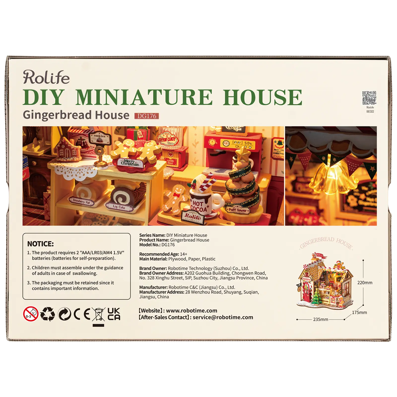 Achterkant verpakking van de Robotime Gingerbread House, miniatuurhuisje van een peperkoeken huisje in kerstsfeer