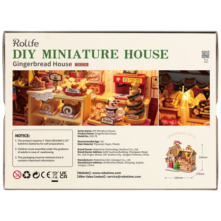 Achterkant verpakking van de Robotime Gingerbread House, miniatuurhuisje van een peperkoeken huisje in kerstsfeer