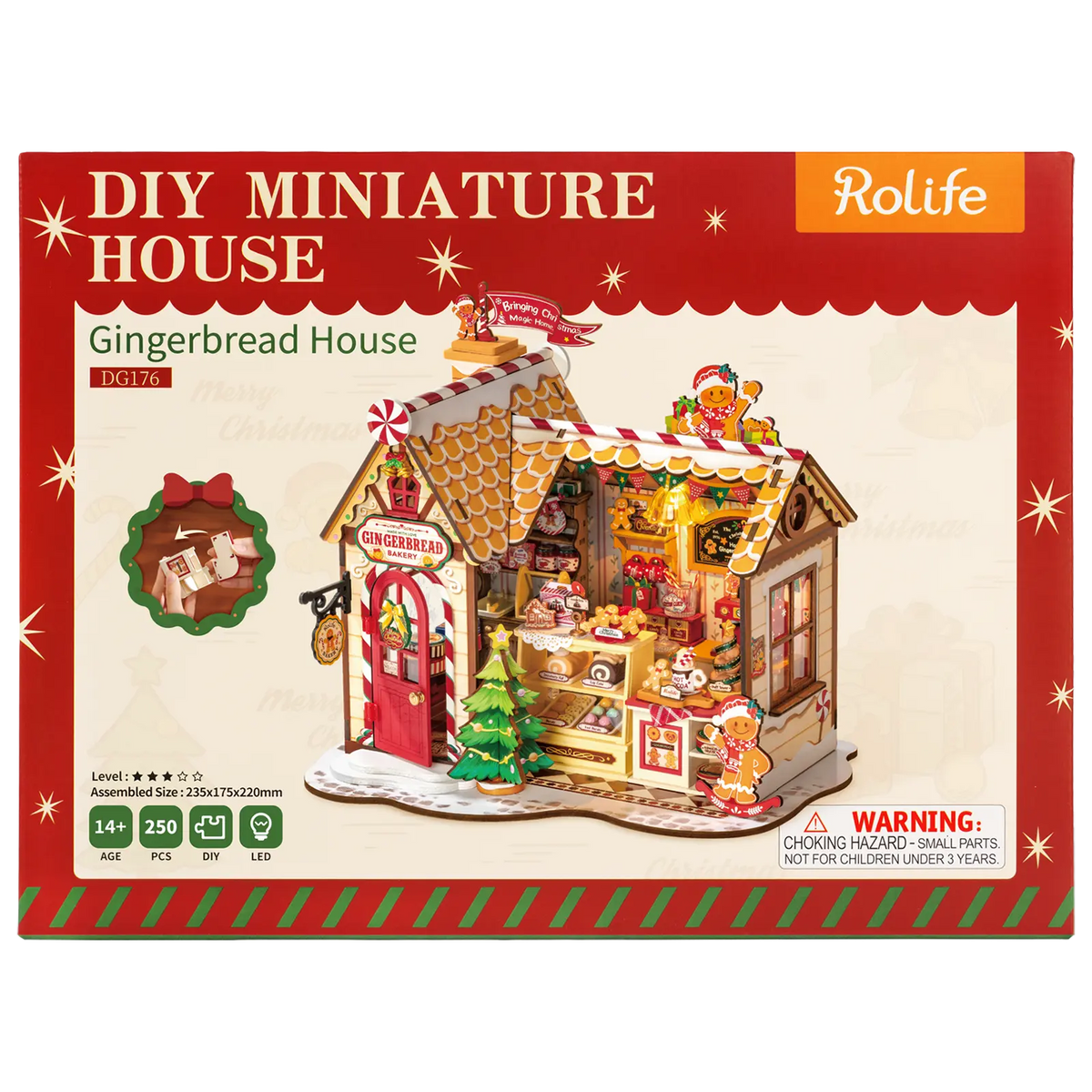 Voorkant verpakking van de Robotime Gingerbread House, miniatuurhuisje van een peperkoeken huisje in kerstsfeer