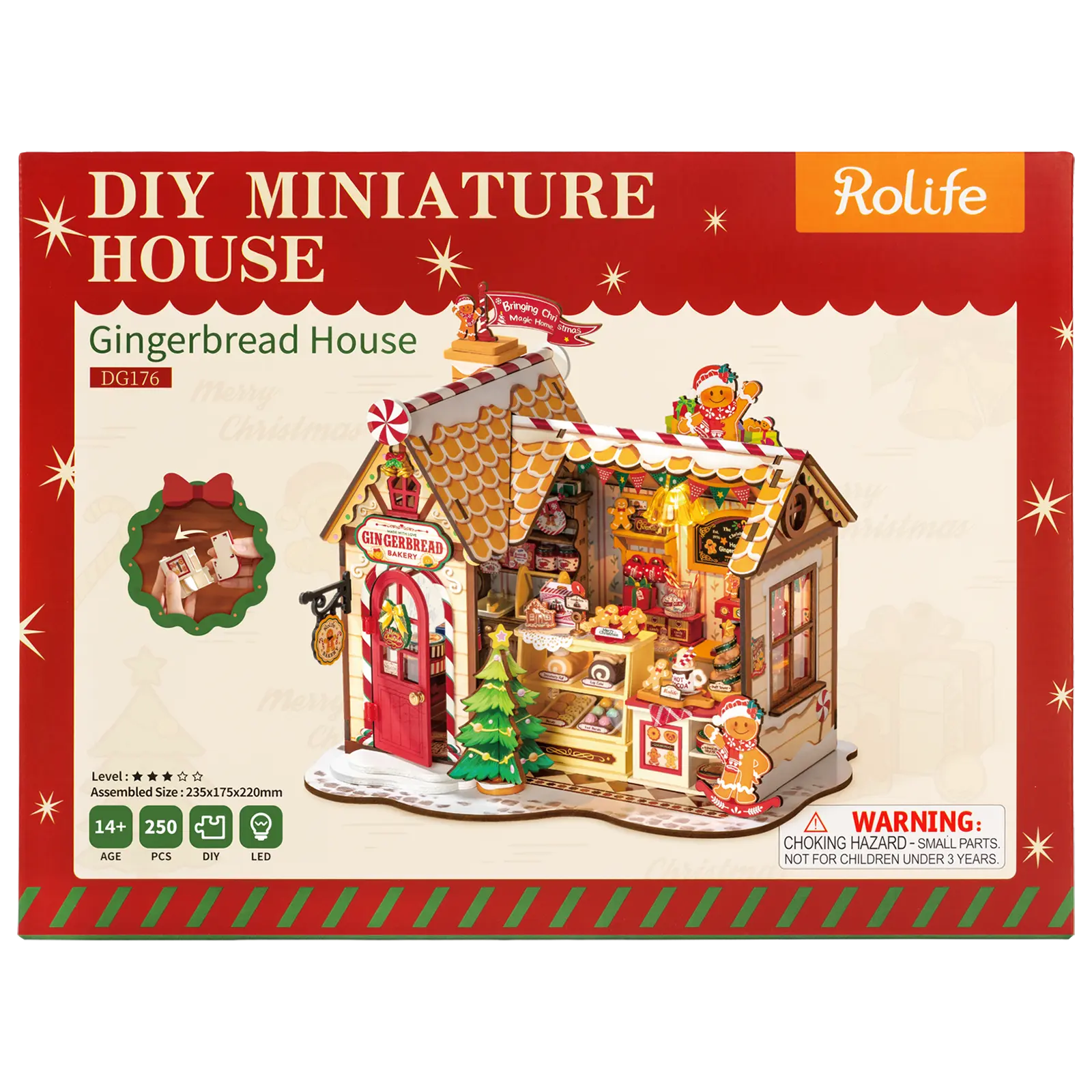 Voorkant verpakking van de Robotime Gingerbread House, miniatuurhuisje van een peperkoeken huisje in kerstsfeer