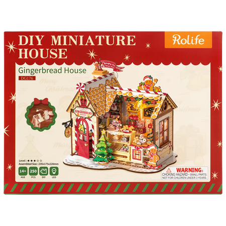 Voorkant verpakking van de Robotime Gingerbread House, miniatuurhuisje van een peperkoeken huisje in kerstsfeer