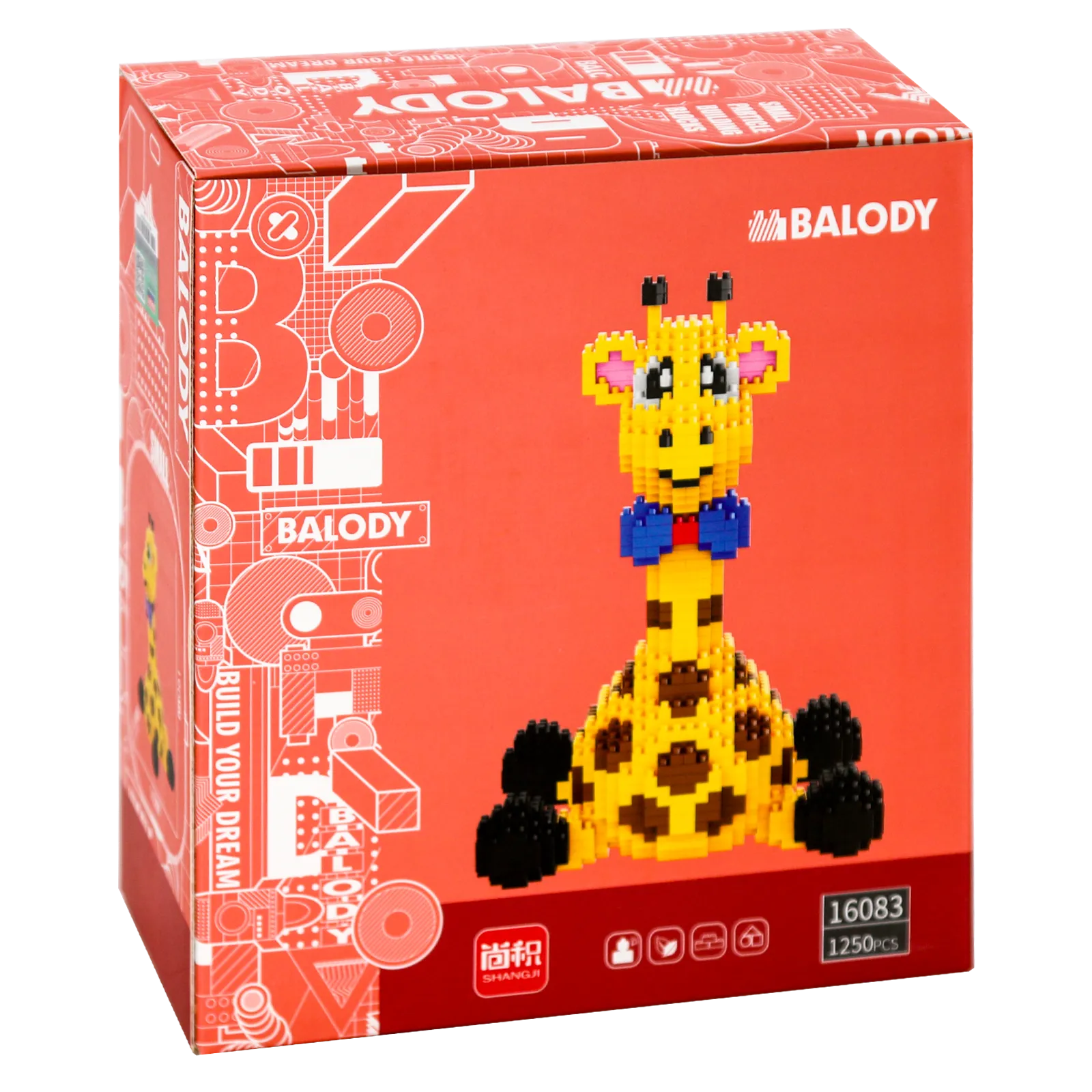 Achterkant verpakking van de Balody miniblocks zittende giraffe