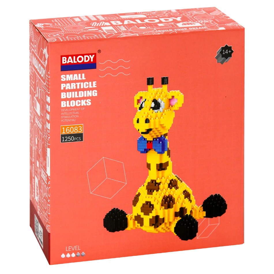 Voorkant verpakking van de Balody miniblocks zittende giraffe