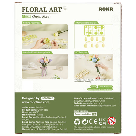 Achterkant verpakking van de Robotime Green Rose, kunststof bouwpakket van een groene roos