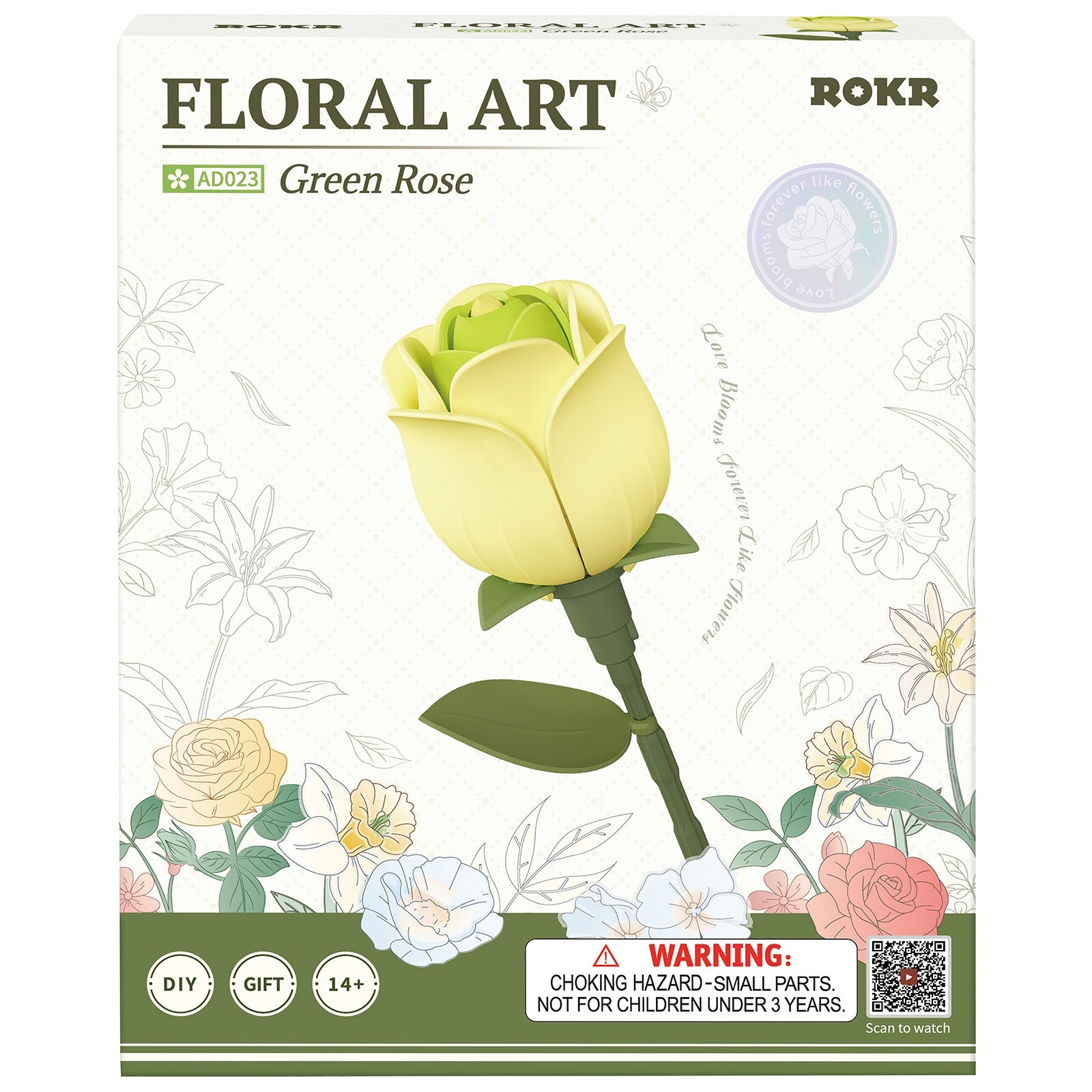 Voorkant verpakking van de Robotime Green Rose, kunststof bouwpakket van een groene roos