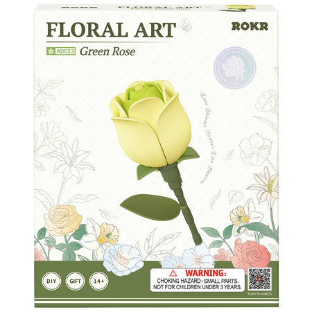 Voorkant verpakking van de Robotime Green Rose, kunststof bouwpakket van een groene roos