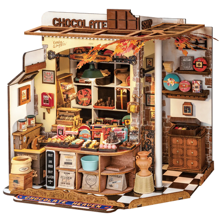 Productfoto van de Robotime Henry’s Chocolate, miniatuurhuisje van een ouderwets chocoladewinkeltje