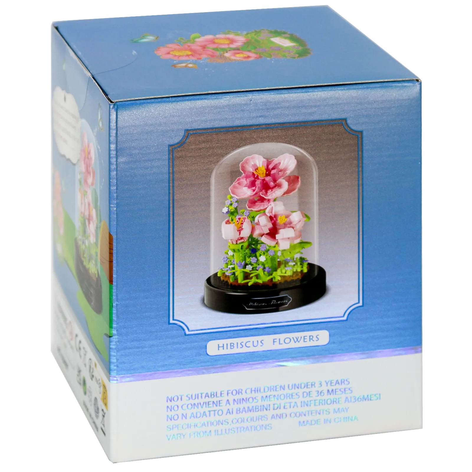 Zijkant verpakking van de Balody miniblocks hibiscus in stolp