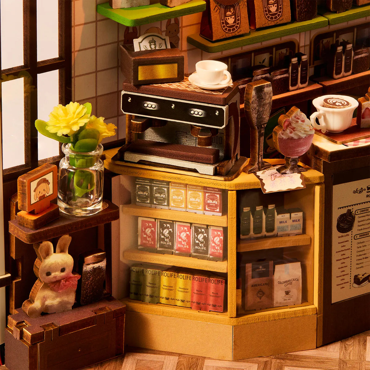 De bar achter de toonbank van het café in de Robotime Holiday Café