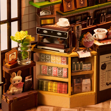 De bar achter de toonbank van het café in de Robotime Holiday Café